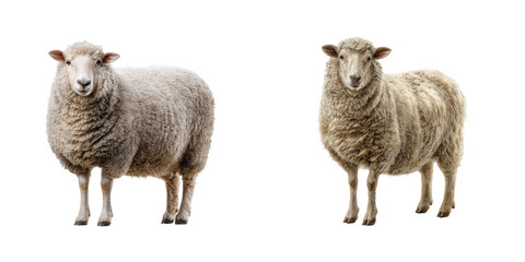 Two sheep standing side by side facing forward in a black background isolated shot