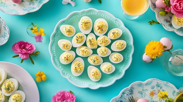Colorful deviled eggs arranged on pastel plates.