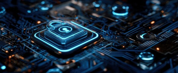 The digital lock illuminating a futuristic circuit board background.