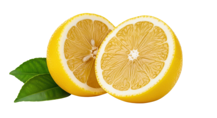 Freshly Sliced Yellow Lemon with Green Leaves isolated on a transparent background
