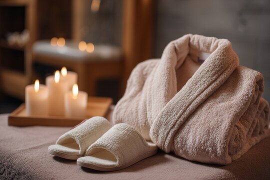 Soft textiles are complemented by warm candlelight, creating a calming ambiance in a luxurious spa setting. The robe and slippers invite relaxation and rejuvenation near the massage bed
