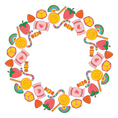 Round frame of candy, caramel and jellybean. Circle rim of sweets with copy space. Template with goodies circle frame for card, invitation, candy shop, vector graphic