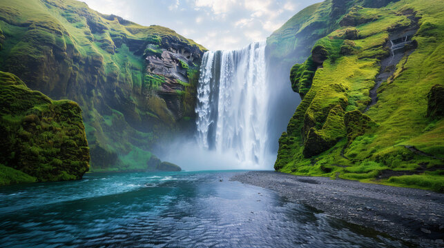 A massive waterfall thundering into a turquoise pool in a lush canyon	A colossal waterfall cascades down a sheer cliff face into a stunningly clear turquoise plunge pool, surrounded by a lush, green c
