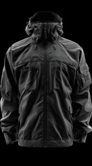 Naklejka premium Black, hooded waterproof jacket with multiple pockets, zip closure, and a slightly shiny, matte finish. Designed for outdoor activity
