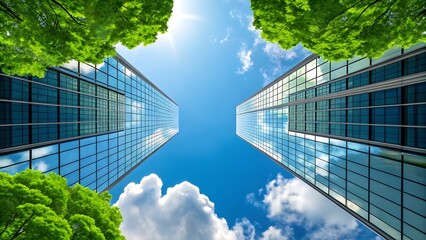 Looking up at modern glass skyscrapers reflecting the blue sky and white clouds with lush green trees framing the scene