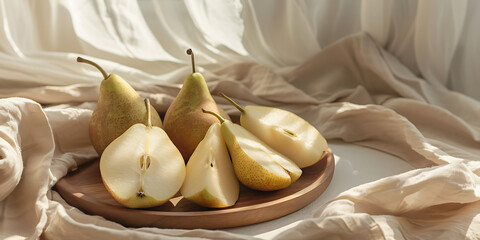 Ripe pears on wooden plate with soft fabric backdrop
