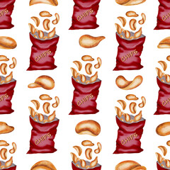 Potato chips seamless pattern. Watercolor food drawing. Red pack of potato chips. Snack. Fast food. Suitable for menu, advertising, cookbook, textile