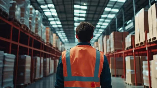 Warehouse worker orange safety vest walking through large storage facility with shelves full of boxes and pallets industrial environment bright lighting focused logistics and warehouse worker orange