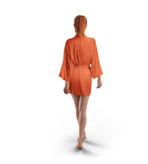 Mockup of orange short silk robe with belt on red-haired girl, png, back view