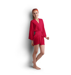 Mockup of red short silk robe with belt on red-haired girl, png, side view