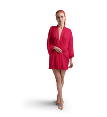 Mockup of red short silk robe on red-haired girl, png, front view