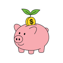 Piggy Bank with Growing Plant and Money Coin vector illustration