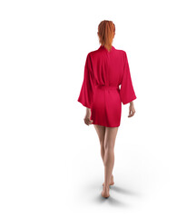 Mockup of red short silk robe with belt on red-haired girl, png, back view