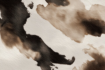 Close-up of abstract pattern with large dark brown and beige brushstrokes, resembling cow print texture. Rustic luxury style, perfect for wallpaper or backgrounds. 