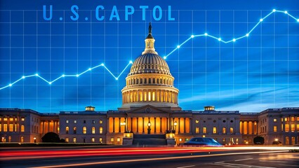 Us capitol building at night with a rising stock market graph overlaid symbolizing economic growth and financial progress
