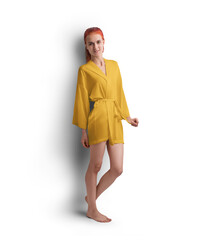 Mockup of yellow short silk robe with belt on red-haired girl, png, side view