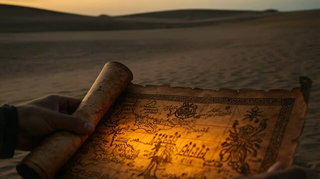 Hands holding glowing parchment map with ancient symbols, revealing secrets of historical exploration
