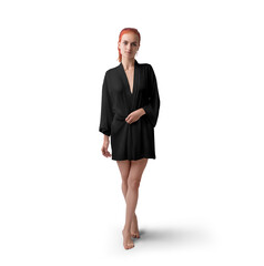 Mockup of a black short silk robe on a red-haired girl, png, front view