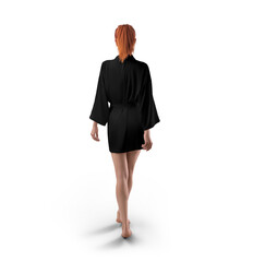 Mockup of a black short silk robe with a belt on a red-haired girl, png, back view