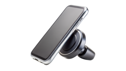 A sleek silver smartphone is mounted on a black car vent holder, isolated on a white background