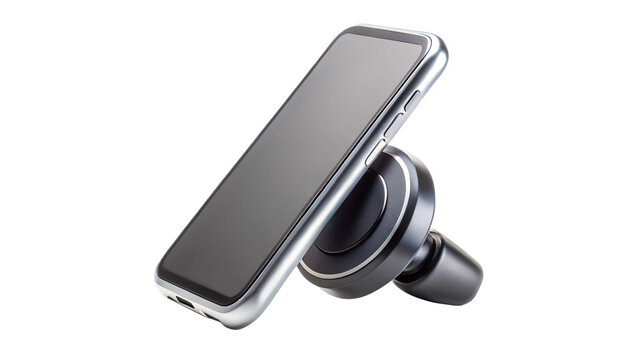A sleek silver smartphone is mounted on a black car vent holder, isolated on a white background