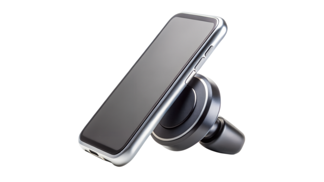 A sleek silver smartphone is mounted on a black car vent holder, isolated on a white background