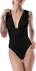 Mockup black one piece swimsuit on redhead girl, png, front view
