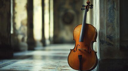 Fototapeta premium Violin Resting Against Stone Column in Historic Building Hallway