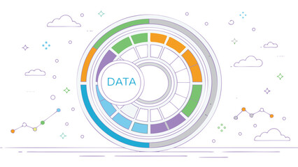 Data visualization with circular chart and surrounding design elements on a white background canvas view