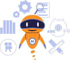 Multifunctional AI Assistant for Language Learning, Media Content Creation, and Data Analysis. Flat Vector Illustration of Artificial Intelligence in Modern Education and Productivity.
