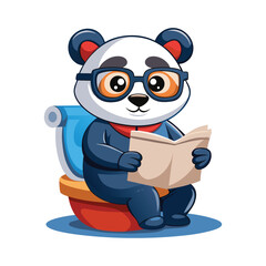 Funny Panda Sitting on Toilet Reading Newspaper with Glasses Vector Illustration – Humorous Bathroom Animal Art for Commercial Use