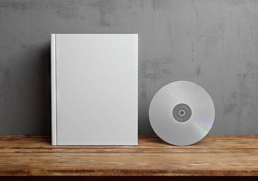 Blank white book and CD rest on rustic wooden surface against a textured gray wall