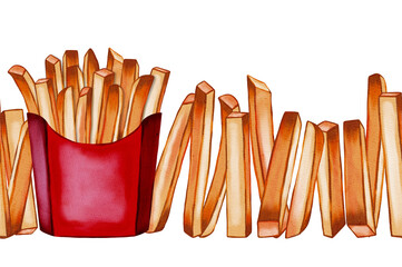 Seamless pattern red box with french fries. Seamless border. Fast food. Watercolor food drawing. Suitable for menu, advertising, wrapping paper, fabric and textile.