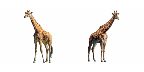 Two giraffes standing on a black background looking in opposite directions