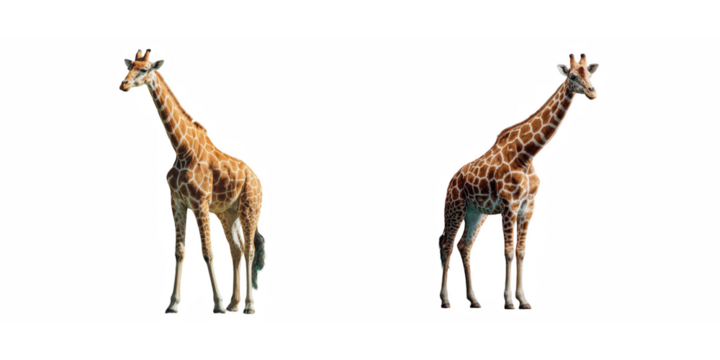 Two giraffes standing on a black background looking in opposite directions