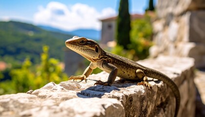 Lizard Sunbathing on Stone Wall 
