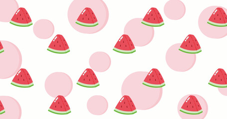 Seamless pattern of cute watermelon slices with soft pink circles on a white background, perfect for summer-themed wallpapers and fruity designs.