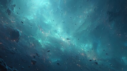 Fototapeta premium Ethereal cosmic landscape featuring turquoise nebulas, celestial dust, and asteroid formations.