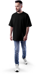 Mockup black t-shirt oversize on a bearded man in full height, png, front view