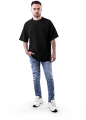 Mockup black t-shirt oversize on a bearded man in full height, png, front view