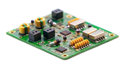 Closeup view of a complex electronic circuit board with various components, isolated on transparent background