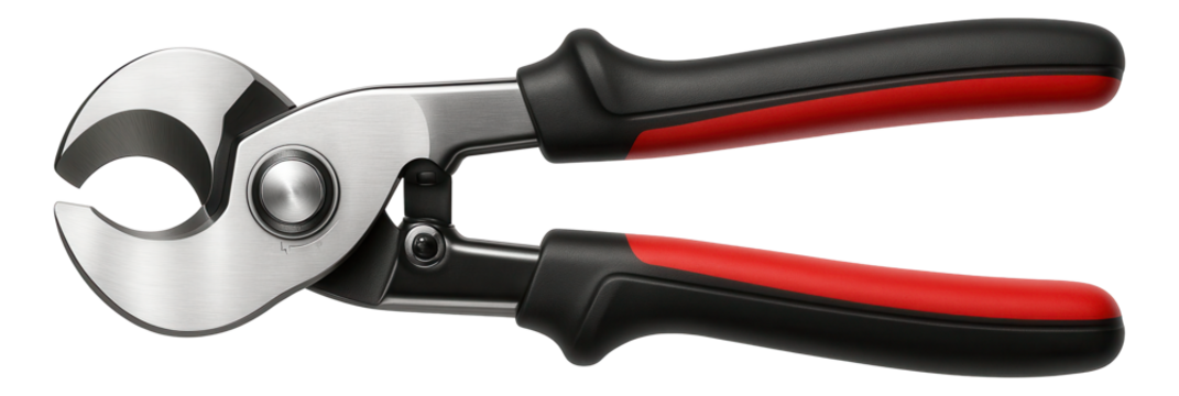 Hand cable cutter with a replaceable blade system and red handles for industrial settings.