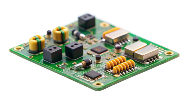 Closeup view of a complex electronic circuit board with various components, isolated on transparent background