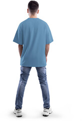 Naklejka premium Mockup of a blue oversized t-shirt on a bearded man in full height, png, back view