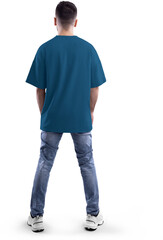 Mockup of a dark blue oversized t-shirt on a bearded man in full height, png, back view