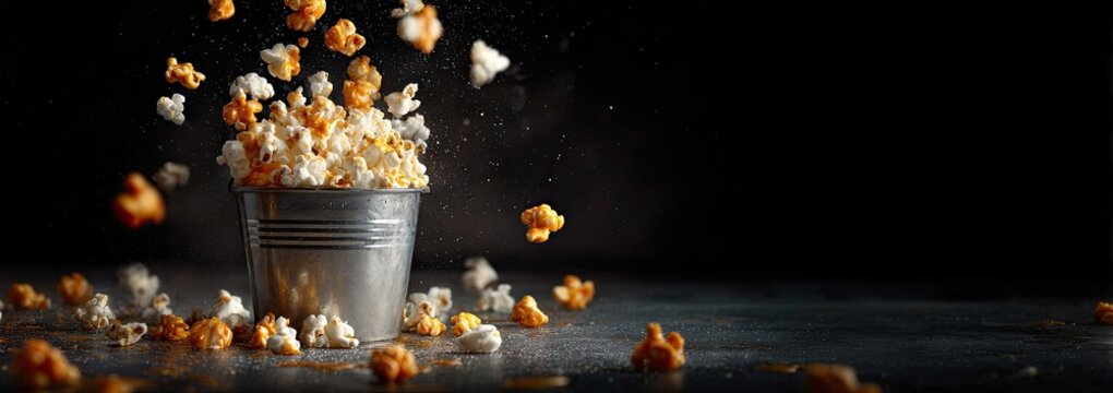 Buttery popcorn spills from a metal bucket onto a dark surface, kernels flying mid-air against a black backdrop