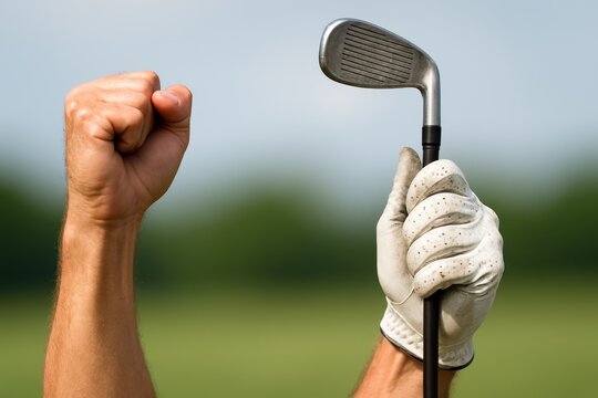 Close-up of a gloved hand holding a golf club vertically, like a trophy, symbolic moment of victory. Golf learning - Powered by Adobe