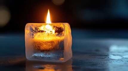 Candle encased in a block of ice.