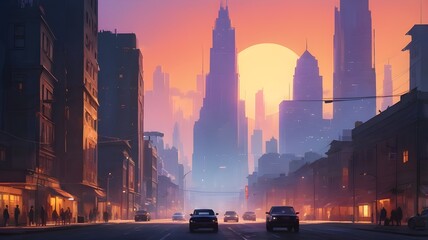 Street View of City at Sunset