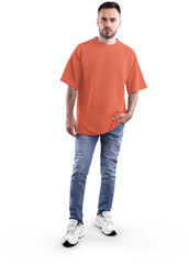 Naklejka premium Mockup orange t-shirt oversize on a bearded man in full height, png, front view